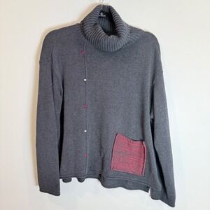 Habitat Gray Knit Turtleneck Sweater M Unique Pocket Buttons Cotton